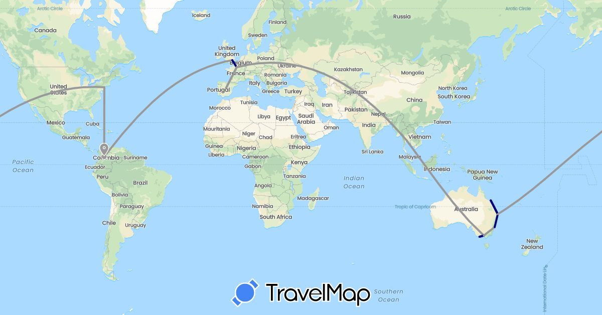 TravelMap itinerary: driving, plane in Australia, Colombia, Spain, France, United Kingdom, Thailand, United States (Asia, Europe, North America, Oceania, South America)